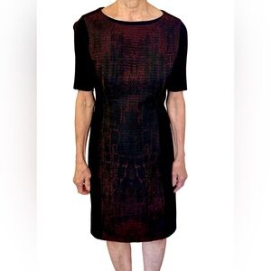 Tahari Women’s Black Red Textured Sheath Dress Size 6 | Lined Stretch Knit Panel